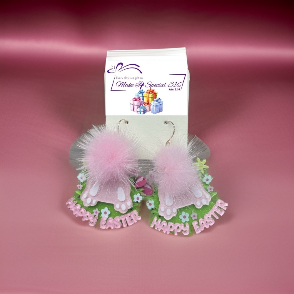 Pink Acrylic Happy Easter Bunny Earrings with Fluffy Fur Tail